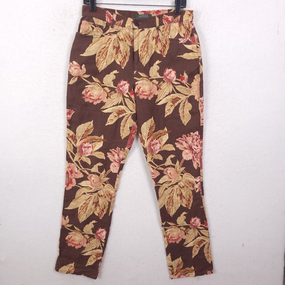 Lauren Ralph Lauren Linen Pants Womens 6 Brown Floral Botanical Straight Leg